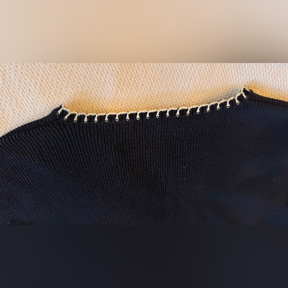 ZARA Woven Heavy Sweater Navy Knit Top w White Stitching Front Pockets V-neck - Picture 12 of 15